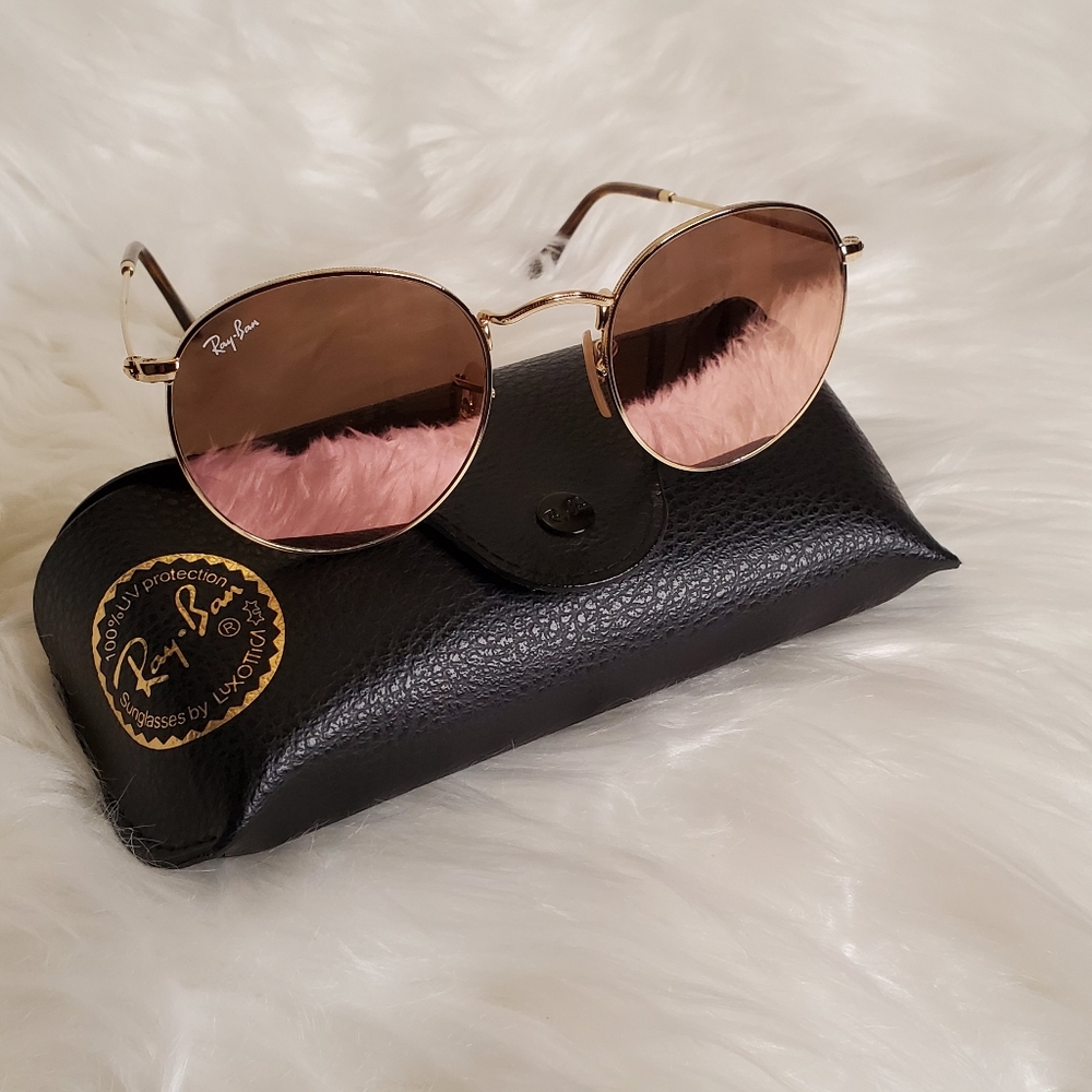 Ray-Ban Round Metal Sunglasses, Gold w/Rose lenses